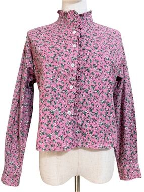 FRNCH Paris Ruffled Pink Floral Button-Up Blouse Cropped Long Sleeve Women’s S